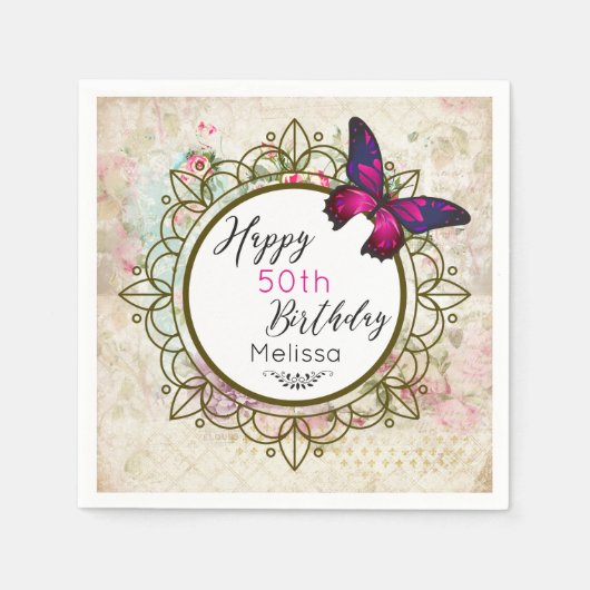 みすぼらしいヴィンテージコラージュ誕生日 スタンダードカクテルナプキン (正面)