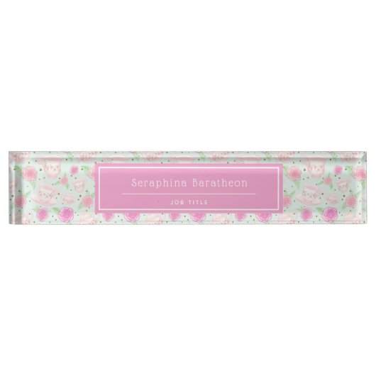 みすぼらしいヴィンテージティーカップパタパーソナライズされたン デスクネームプレート (正面)