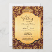 みすぼらしいヴィンテージ茶色の金ゴールドフローラダマスクウェディング 招待状 (正面)