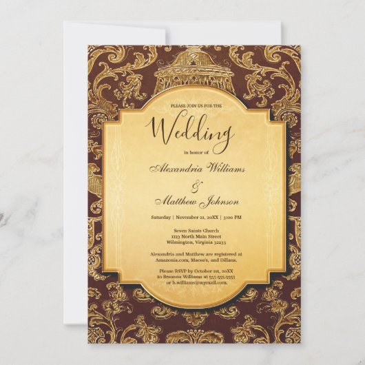 みすぼらしいヴィンテージ茶色の金ゴールドフローラダマスクウェディング 招待状 (正面)