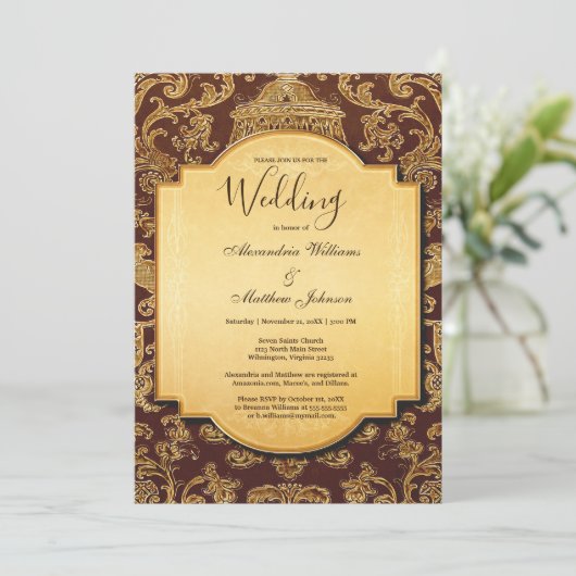 みすぼらしいヴィンテージ茶色の金ゴールドフローラダマスクウェディング 招待状 (スタンド正面)