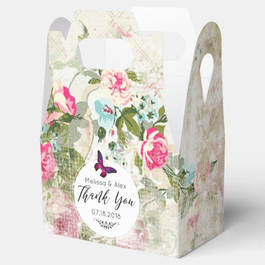 みすぼらしいヴィンテージ・コラージュの上のピンクの結婚蝶 フェイバーボックス (オープン)