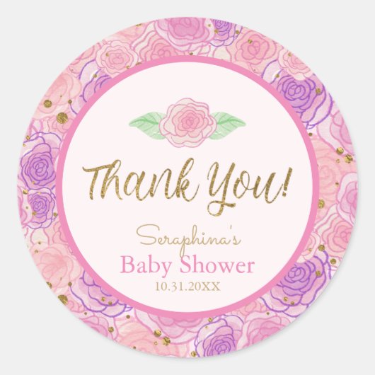 みすぼらしい可愛いグリッターバラ赤ちゃんシャワーありがとう ラウンドシール (正面)