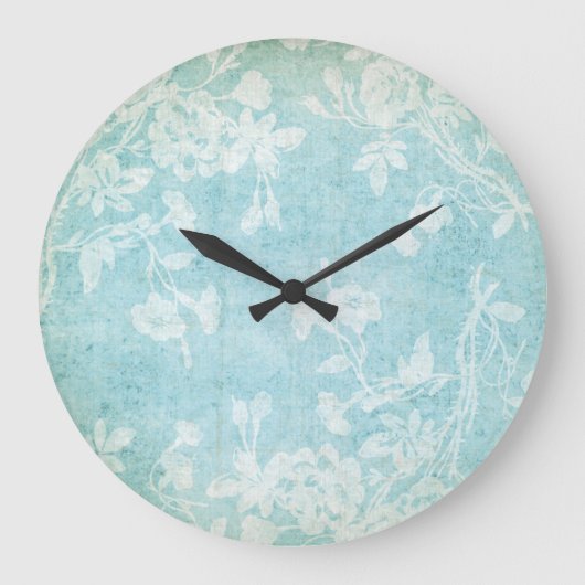 みすぼらしい白と青のフローラ ラージ壁時計 (正面)