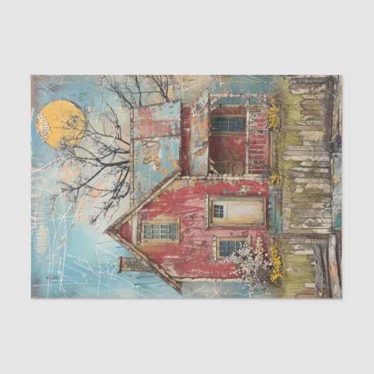 みすぼらしい赤い農家の混合メディアの切り離し 薄葉紙 (正面)