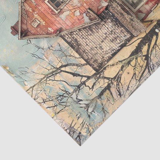 みすぼらしい赤い農家の混合メディアの切り離し 薄葉紙 (詳細)