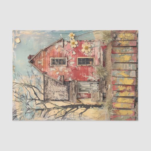 みすぼらしい赤い農家の混合メディアの切り離し 薄葉紙 (正面)