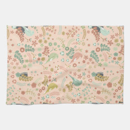 みすぼらしい鳥と枝パステルサーモン キッチンタオル