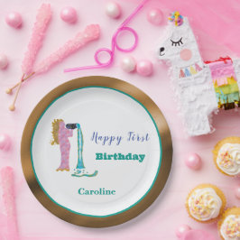 みずがめ座の1歳の誕生日 ゴールドとターコイズブルーのアート ペーパープレート