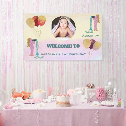 みずがめ座 水彩 1歳の誕生日 フォトサイン 横断幕 (パーティー)