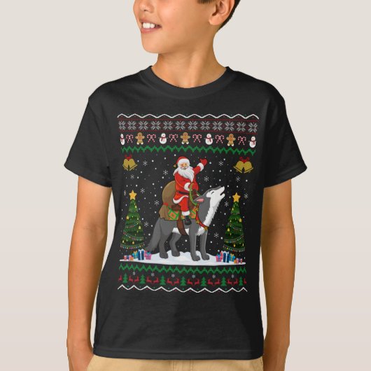 みにくいオオカミのクリスマスプレゼント サンタがオオカミに乗ったクリスマス Tシャツ (正面)