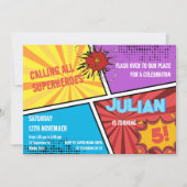 みんなのヒーロー登場！コミックキッズ誕生日 招待状 (正面)