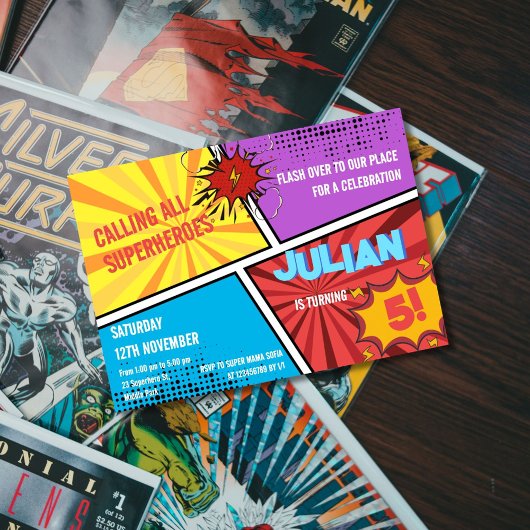 みんなのヒーロー登場！コミックキッズ誕生日 招待状
