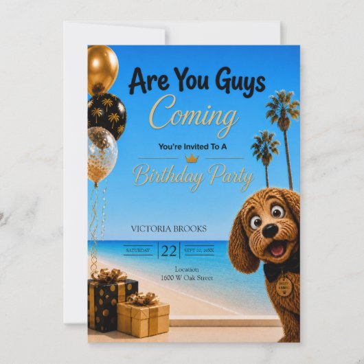 みんな来る?LAビーチで犬の誕生日パーティー 招待状 (正面)