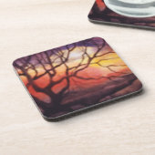 むき出しの冬の木と劇的な炎の夕日 コースター (左側)