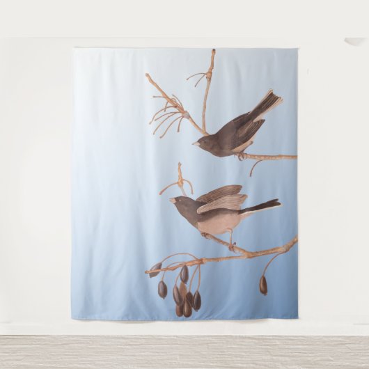 むき出しの冬の枝に雪の鳥 タペストリー (正面)