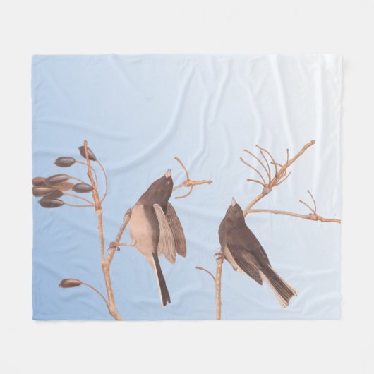 むき出しの冬の枝に雪の鳥 フリースブランケット (正面(横))