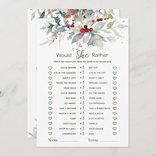 むしろ冬のベリーの葉のブライダルゲーム 招待状 (正面/裏面)