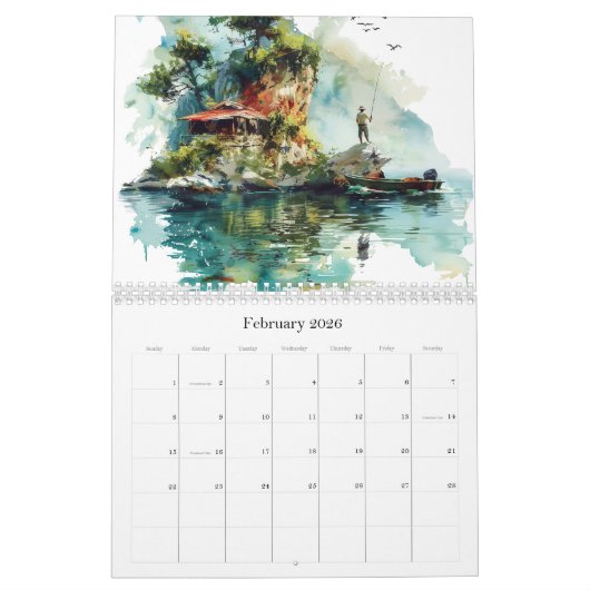 むしろ魚釣り水の色の壁カレンダー(2025) カレンダー (2月 2026)