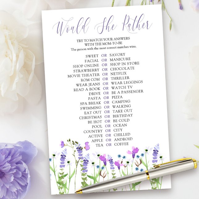 むらさきの山花は、むしろシャワー・ゲームを好む (Would she Rather Game Card from my Purple Wildflower Collection.)