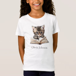 めがねの賢い子猫 カスタムネーム キッズ Tシャツ