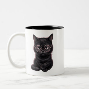 めがねをかけたかっこいい黒猫 かわいいペットTシャツ ツートーンマグカップ