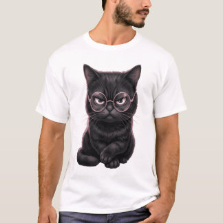 めがねをかけたかっこいい黒猫 かわいいペットTシャツ Tシャツ