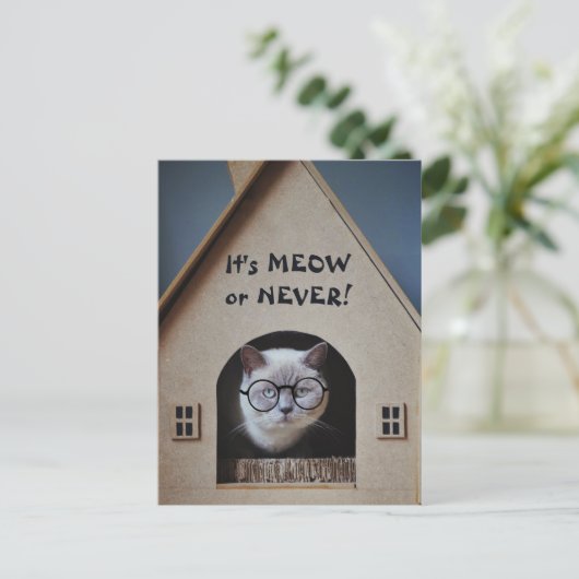 めがねをかけたかわいい猫ニャーニャーとかニャーニャー引用文 ポストカード (スタンド正面)