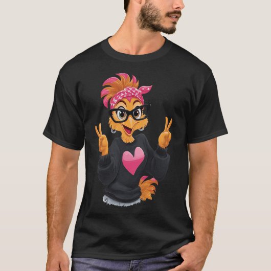 めがねをかけたにわとりの平和のサイン クレイジーチキンL Tシャツ (正面)