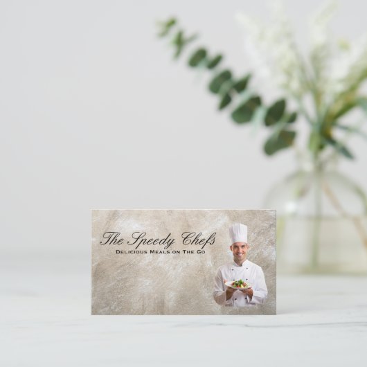 めっき食品を持つシェフ 名刺 (スタンド正面)