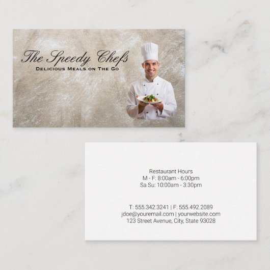 めっき食品を持つシェフ 名刺 (正面/裏面)