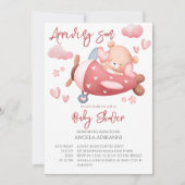 もうすぐ到着 ピンクのテディベア 小さなパイロット 招待状 (正面)