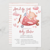 もうすぐ到着 ピンクのテディベア 小さなパイロット 招待状 (正面/裏面)