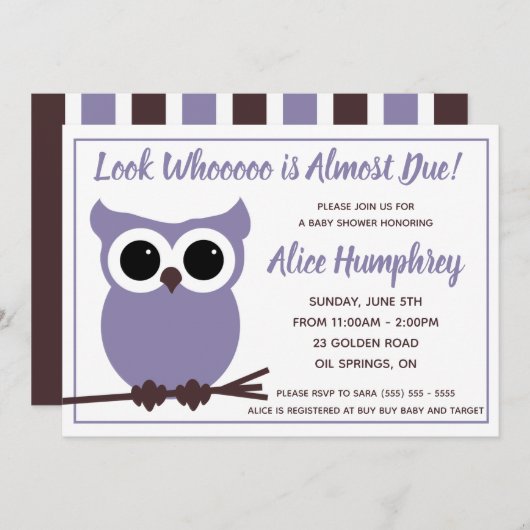 もうすぐ来るべき人を見て！ 紫フクロウのベビーシャワー 招待状 (正面/裏面)