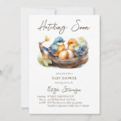 もうすぐ生まれるよ 小さな鳥の巣 春のベイビーシャワー 招待状 (正面)