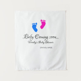 もうすぐ赤ちゃんが生まれます！ベビーシャワー ブルー ピンクの赤ちゃんの足 タペストリー