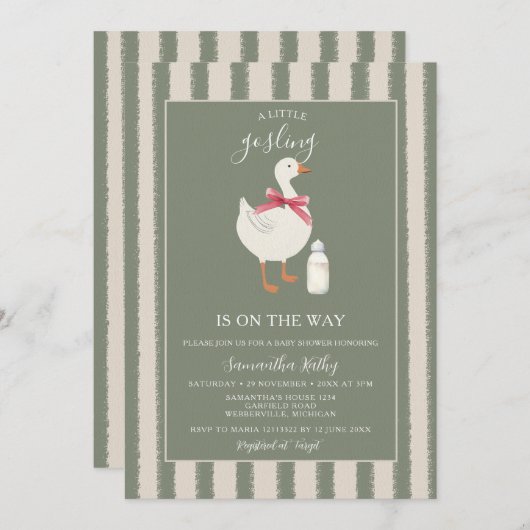 もうすぐ間抜けガチョウが赤ちゃんシャワーを浴びる 招待状 (正面/裏面)