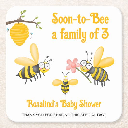 もうすぐ3ミツバチをテーマにした赤ちゃんシャワーの家族になる スクエアペーパーコースター (正面)
