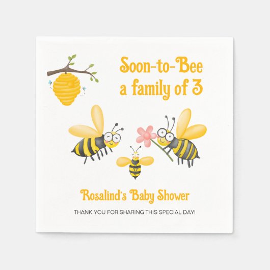 もうすぐ3ミツバチをテーマにした赤ちゃんシャワーの家族になる スタンダードカクテルナプキン (正面)