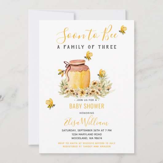 もうすぐ3人の赤ちゃんシャワーの家族になる 招待状 (正面)