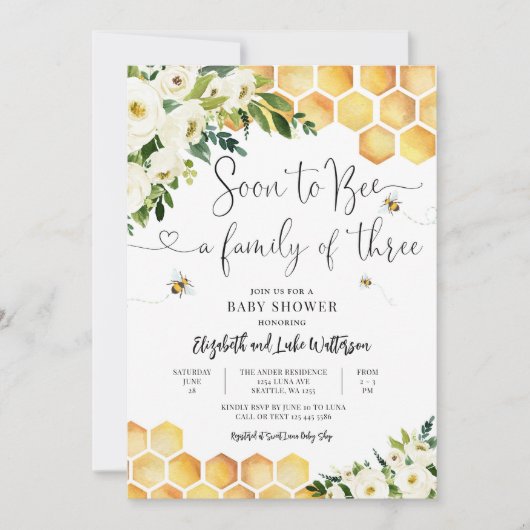 もうすぐ3人の赤ちゃんシャワーの家族になる 招待状 (正面)