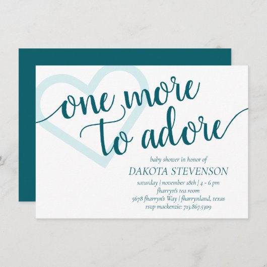 もう一つ崇拝すべき |アクアティール(緑がかった色)ハートベビーシャワー 招待状 (正面/裏面)