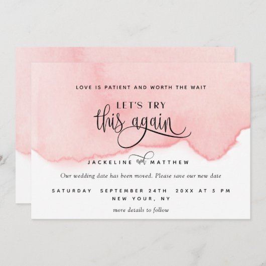 もう一度お試しください。赤面ピンクの水彩 セーブザデート (正面/裏面)