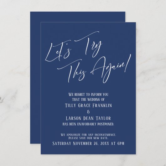 もう一度やってみようネイビー延期結婚カード 招待状 (正面/裏面)