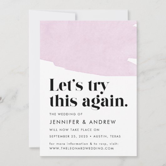 もう一度試してみましょう パープルの結婚式延期のお知らせ 案内状 (正面)