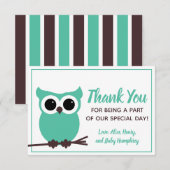 もう少しで来る！ティール（緑がかった色）フクロウ サンキューカード (正面/裏面)