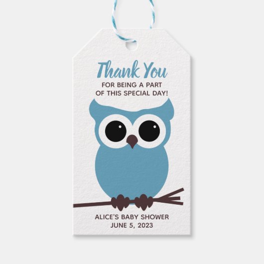 もう少しで誰が来るか見ろブルーフクロウ赤ちゃんシャワーのお願い ギフトタグ (正面)