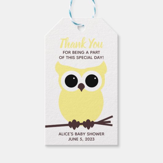 もう少しで誰が来るか見ろ黄色フクロウ赤ちゃんシャワー ギフトタグ (正面)