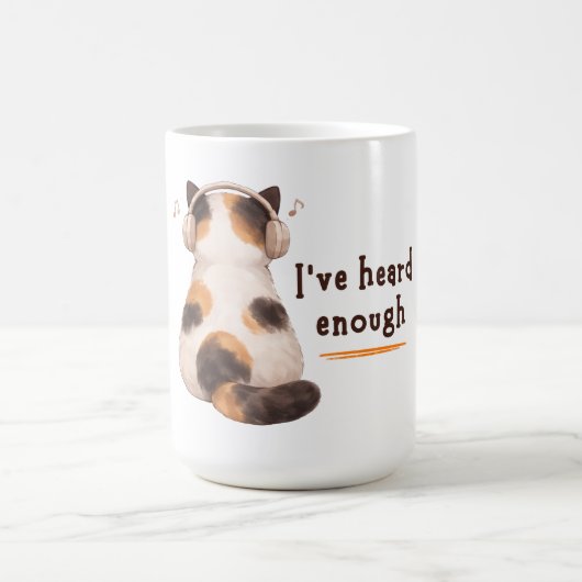 「もう聞き飽きた」ヘッドホンをつけた猫 コーヒーマグカップ (中央)