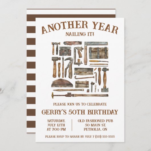 もう1年も釘付け!木工用誕生日 招待状 (正面/裏面)